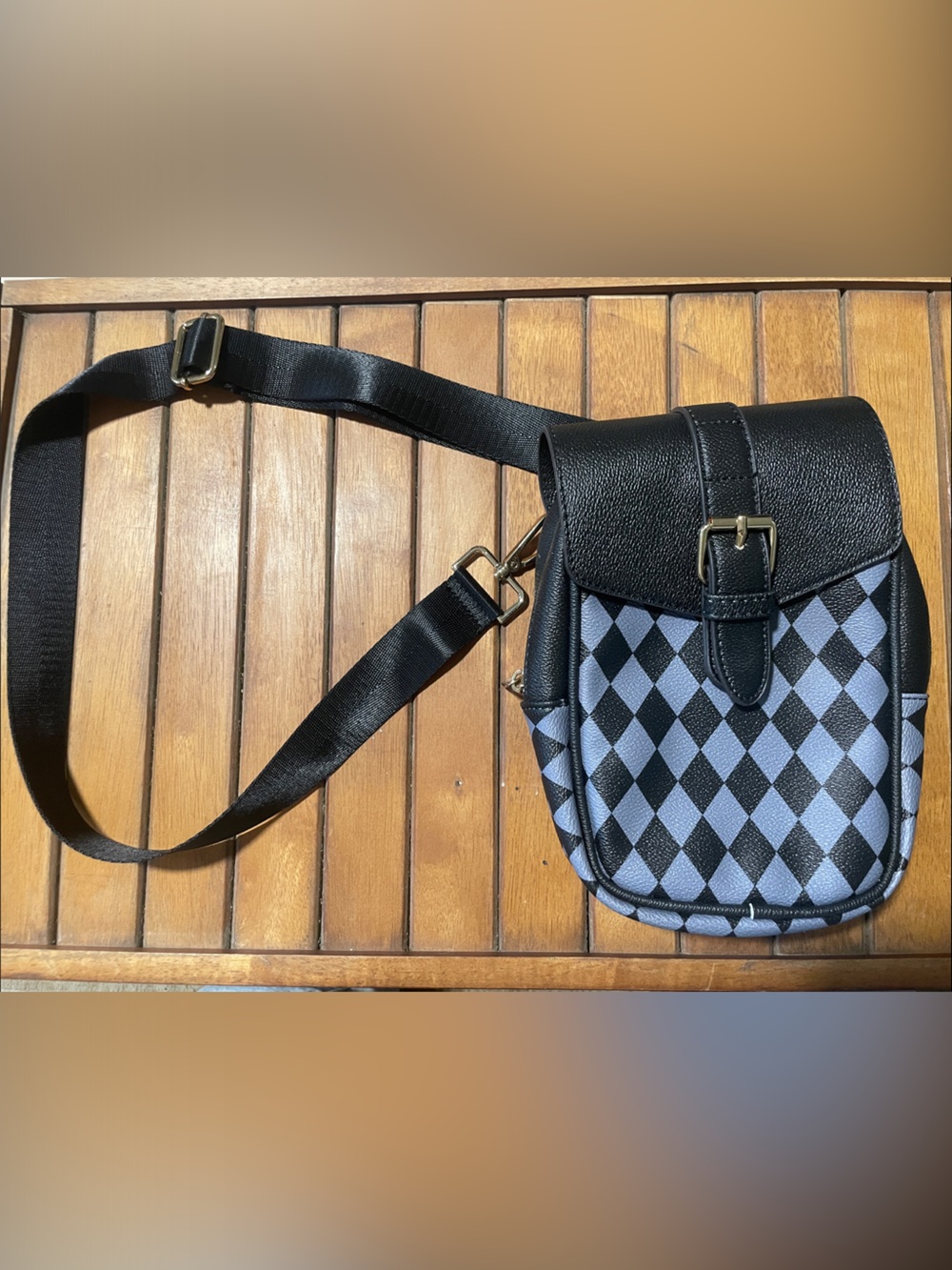 9” Black and Gray Checkered Crossbody Bag with Buckle Detail